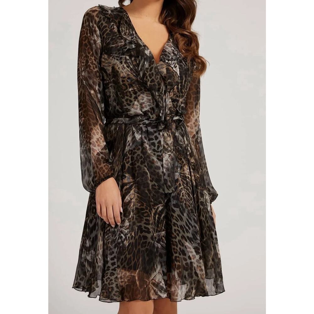 NWT Guess Leopard Print Ruffled Maxi Short Dress Flowy sz L Party Mobwife Glams